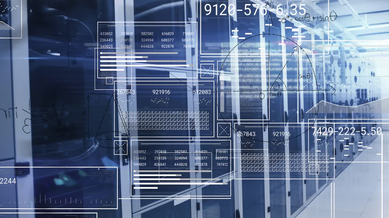 Animation of data processing and globe over server room
