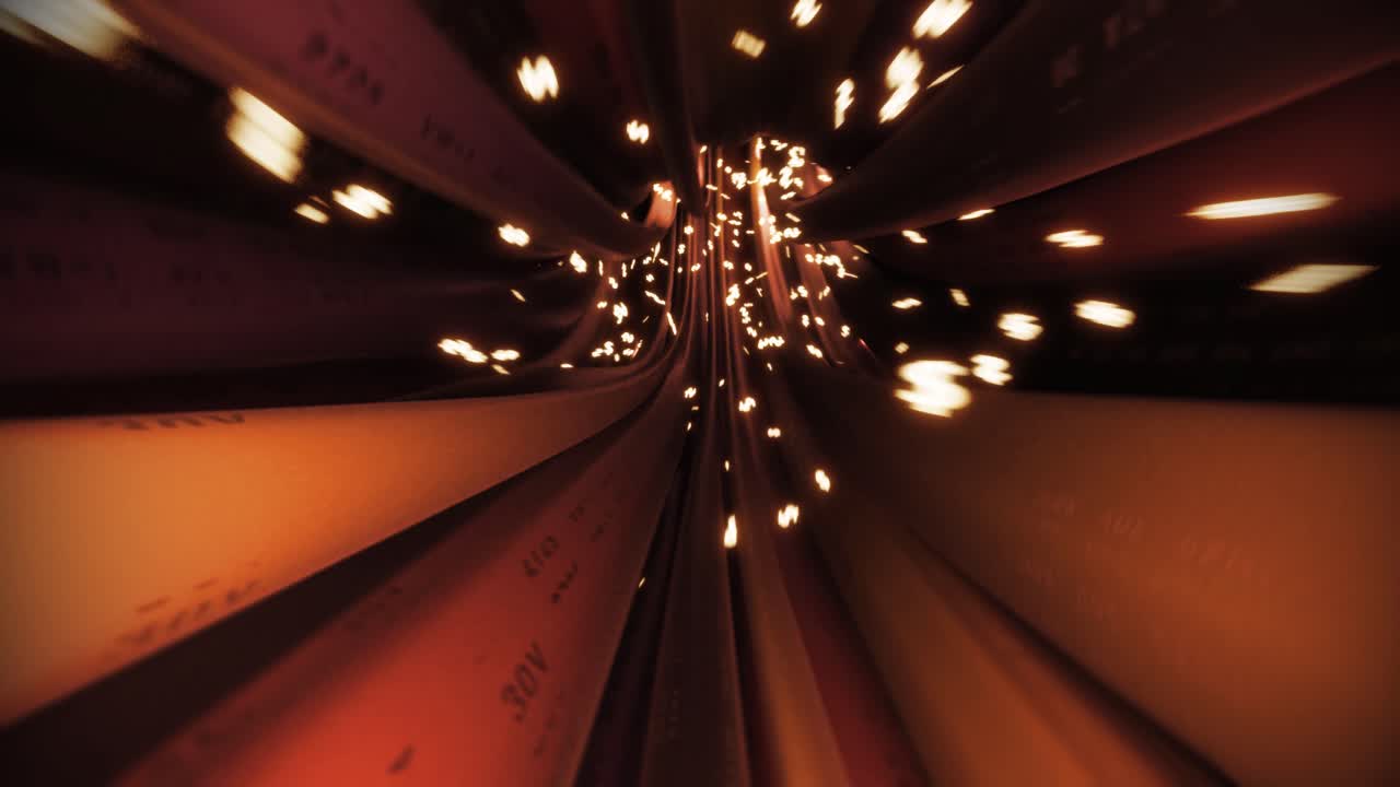 los cables, los cables, el signo del dólar, el vuelo a través de los datos, internet, el circuito de energía, la fibra 4k.