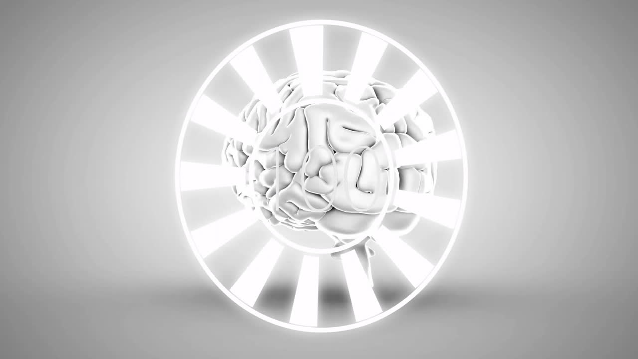 Animation of glowing radial lines with brain illustration on gray background
