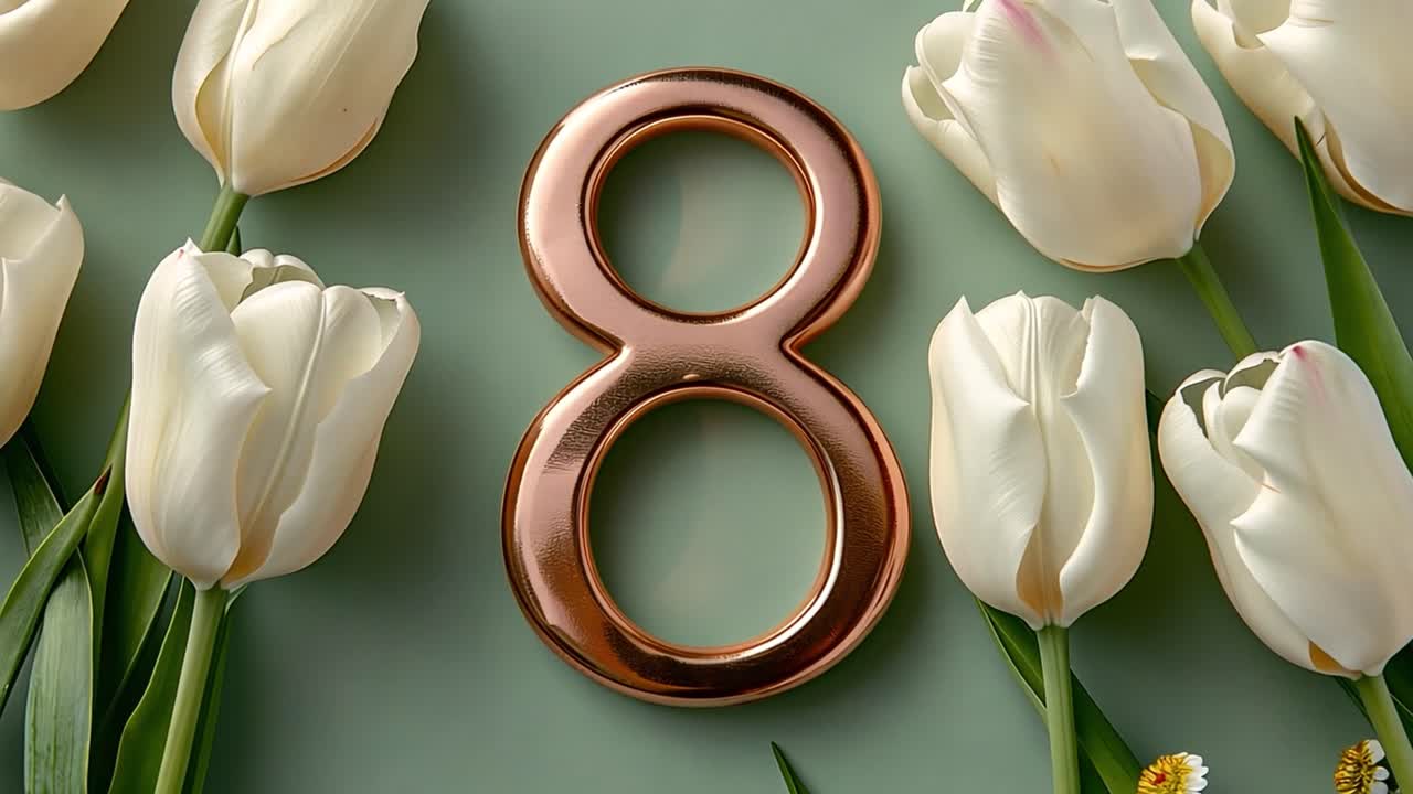 International Women's Day Background with White Tulips and Number 8