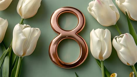 international women's day background with white tulips and number 8