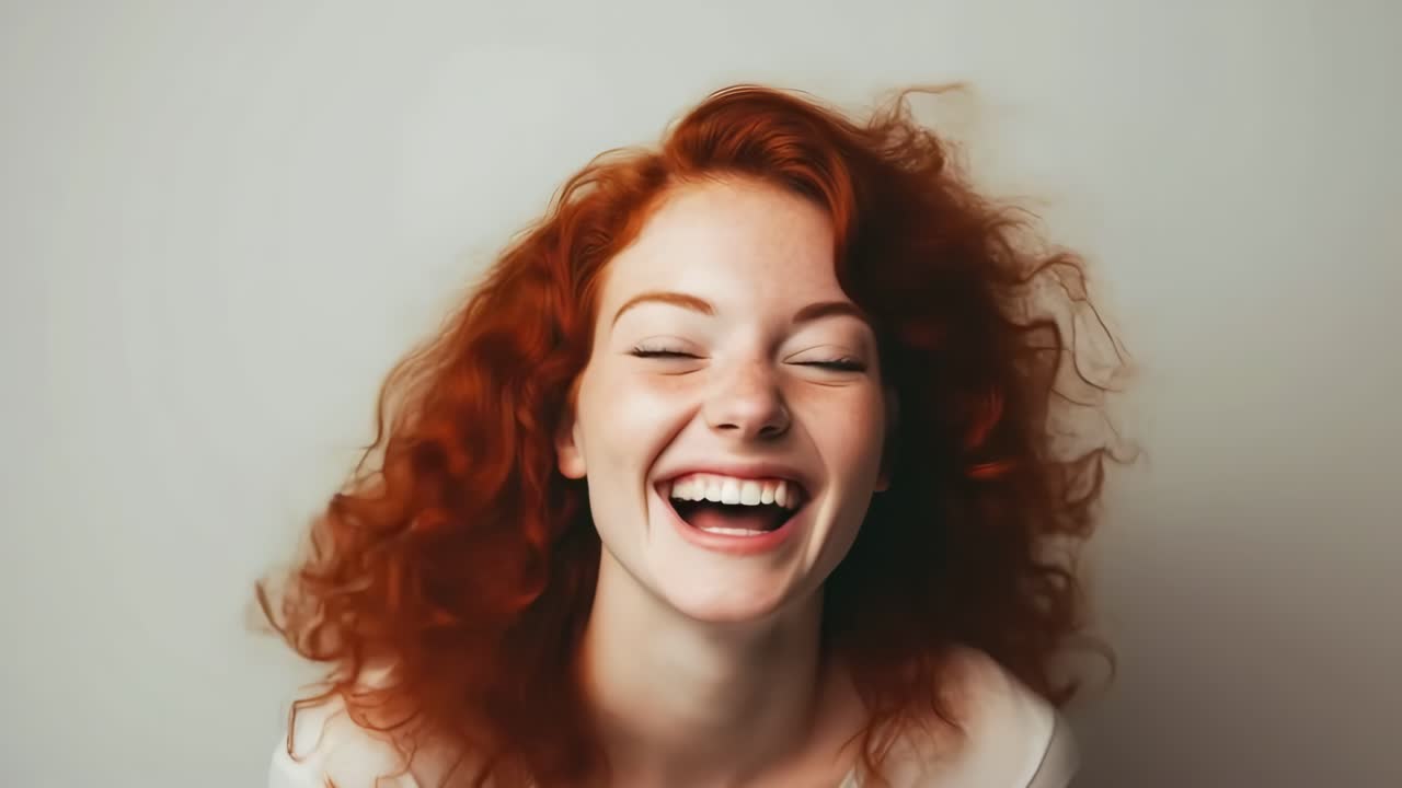 Un fermo immagine di una persona con vivaci capelli ricci rossi, ripresa di profilo su uno sfondo semplice.