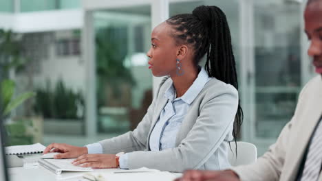 business people, staff and computer with support