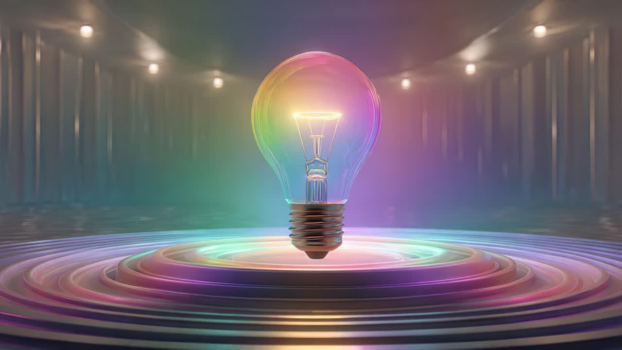 Single glowing light bulb levitating above a colorful concentric platform, symbolizing creativity, innovation, and bright ideas in a futuristic and technological environment