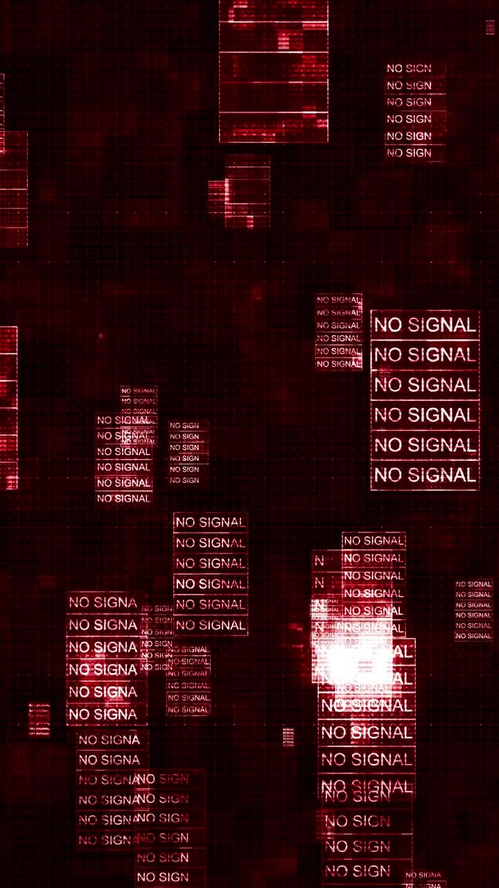 Red digital glitch screen filled repeated no signal warnings distorted panels scan lines electronic