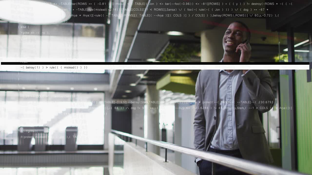 Man raising smartphone to ear, initiating work call on mezzanine, relaxing smiling while listening