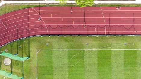 people during early morning jogging on a racetrack with long starched silhouettes, aerial view