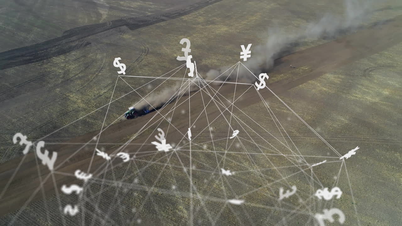 анимация глобальных валютных символов и сетевых соединений над полем с помощью трактора