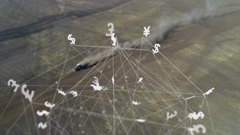 animación de símbolos de divisas globales y conexiones de red sobre el campo con tractor