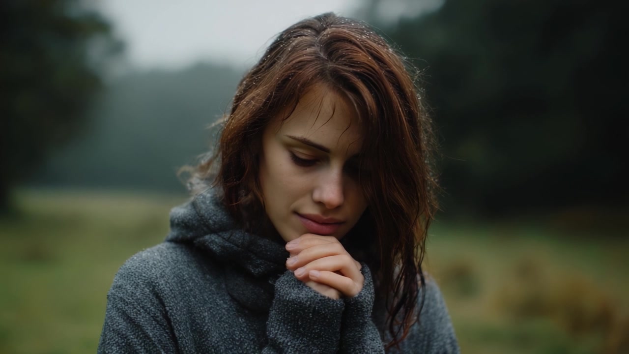 A contemplative young woman stands in a rain-soaked landscape, her hands clasped and head bowed, embodying a moment of introspection and connection with nature.