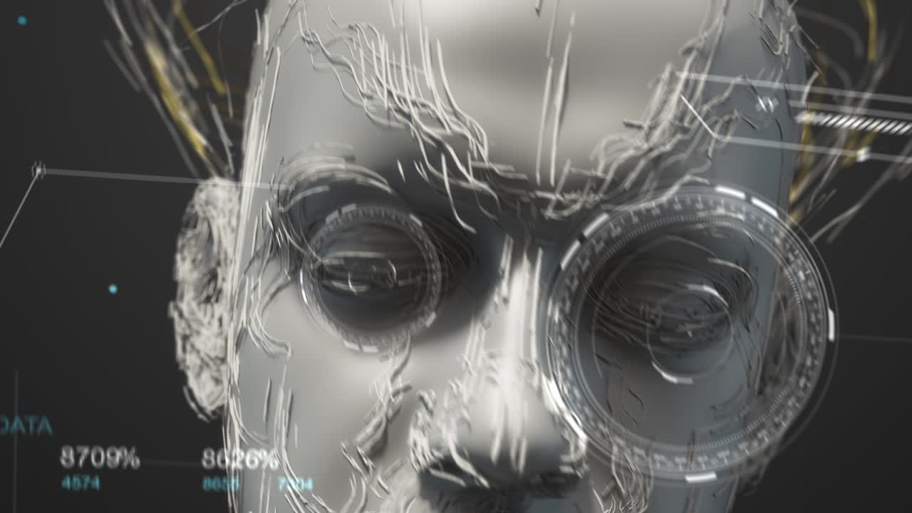 첨단 바이오닉 로은 hud 데이터 루프로 머리를 무작위로 움직입니다.