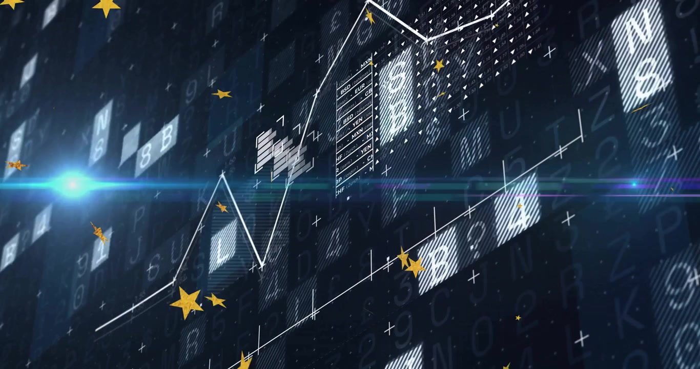 Stelle dorate a cinque punte che fluttuano su una matrice blu scuro, mostrando un grafico in crescita e pannelli di valuta.