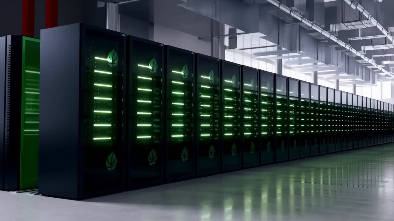 Modern Server Room with Rows of Active Servers