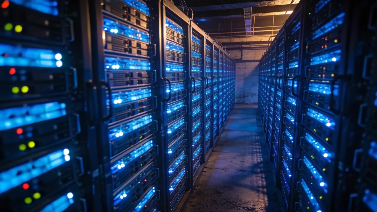 Telecamera di tracciamento che si attiva all'avvio, muovendosi lungo il corridoio di un datacenter, mostrando rack di server e LED.