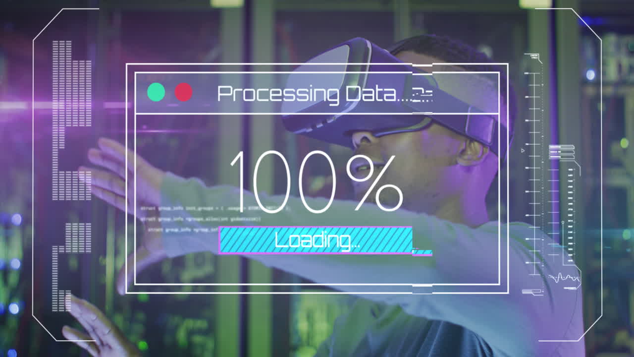 animación de procesamiento de datos, hombre afroamericano ingeniero informático en gafas de realidad virtual y servidores informáticos