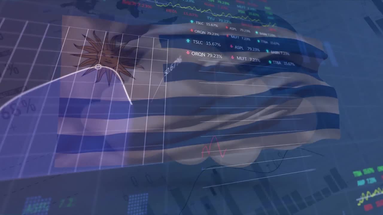 animación de gráficos, tablero de comercio sobre la bandera de argentina contra la interfaz infográfica