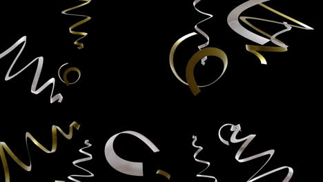 Animation of gold and silver streamers on black background