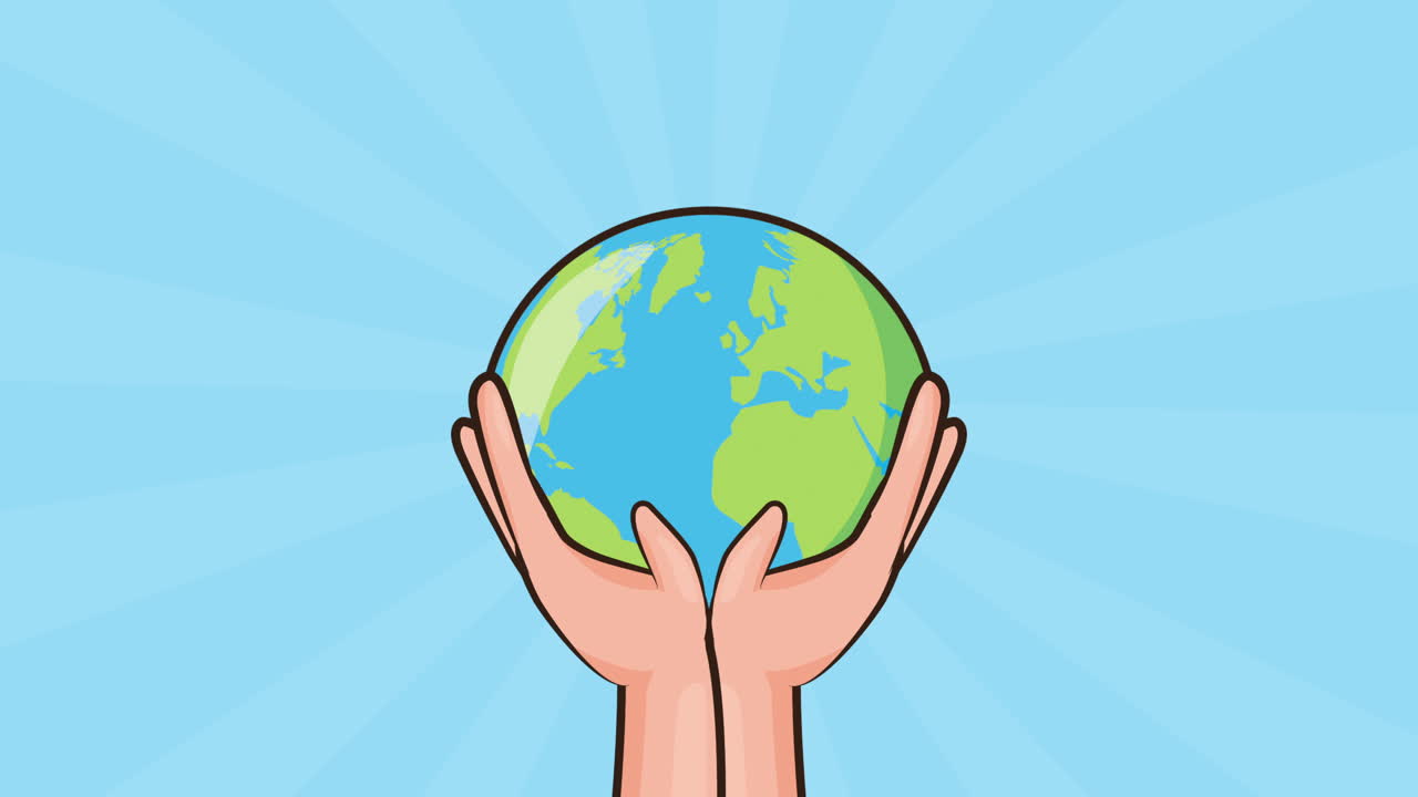 animación ecológica con las manos levantando el planeta tierra