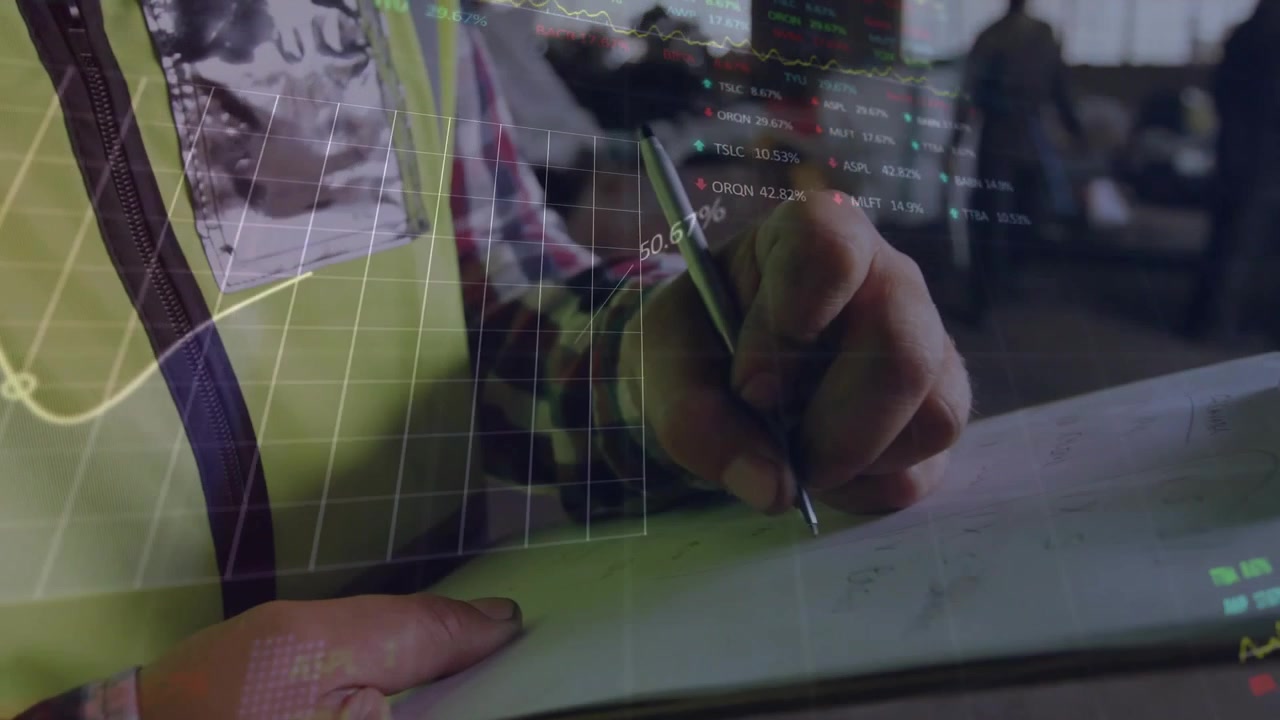 Site inspector writing clipboard, pen touching paper causing grid, chart overlay showing safety %