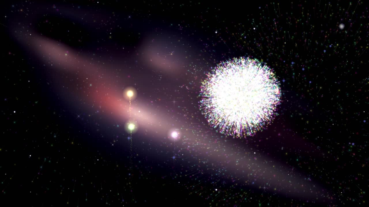 Vibrant pyrotechnic bursts illuminate a deep space background with nebulae and distant twinkling stars