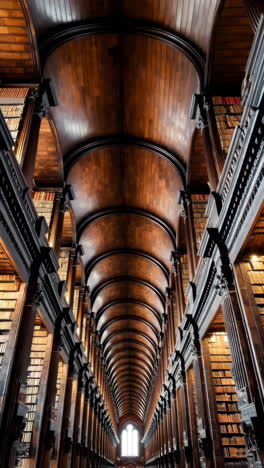 grand historic library interior with vaulted wooden ceiling and bookshelves