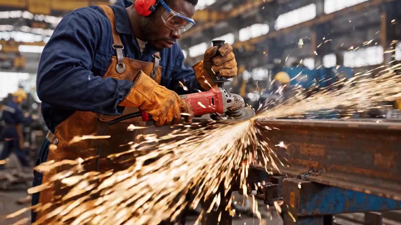 Um Trabalhador Qualificado Usando uma Ferramenta de Esmerilhamento em um Ambiente Industrial, Criando Faíscas Enquanto Modela Metal em uma Oficina Movimentada