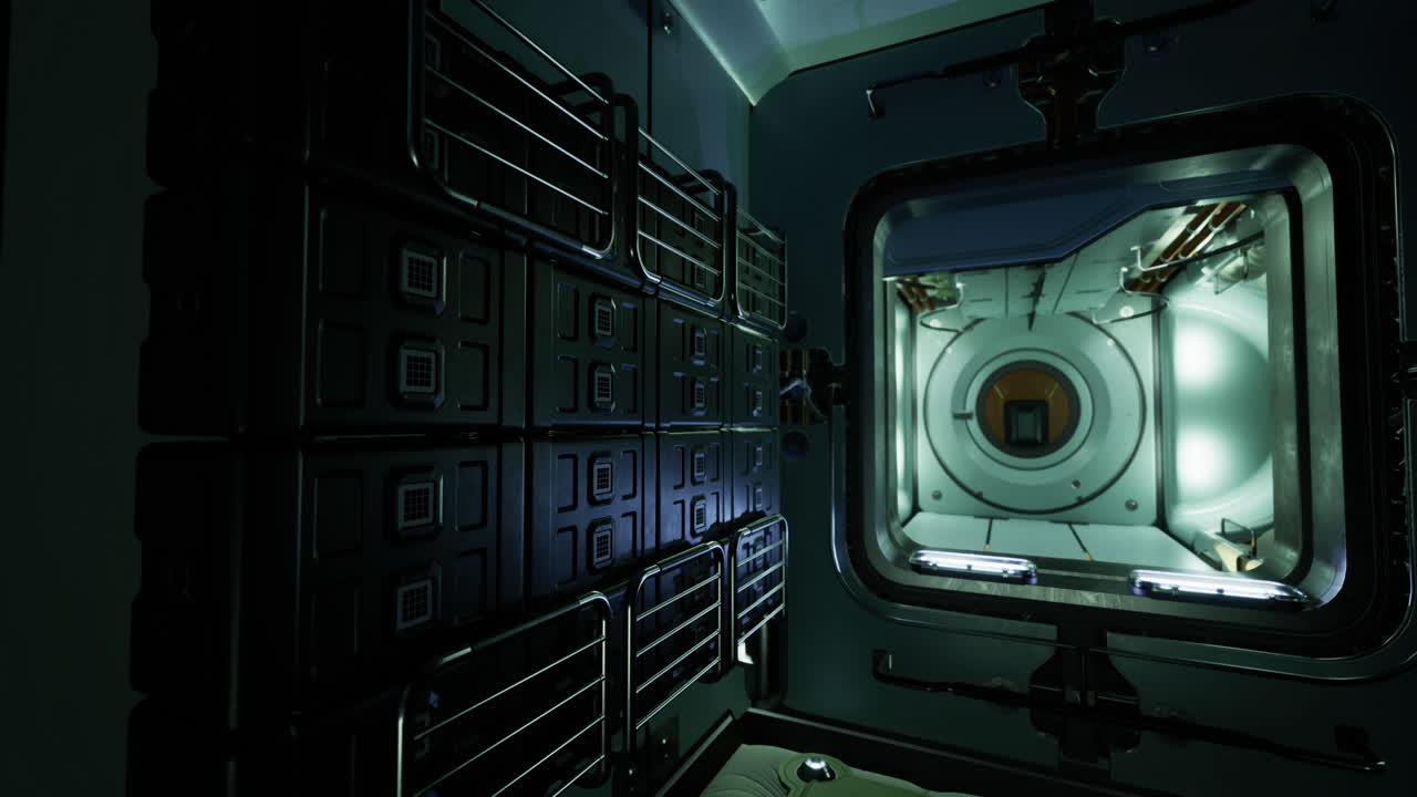 Interior view of a futuristic space habitat module with illuminated features