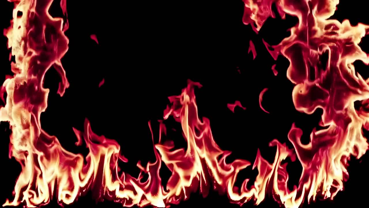 Dynamic video of intense flames rising against a black background, captured from a straight-on