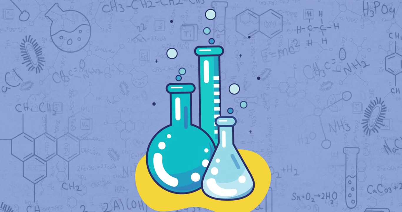Digital animation of laboratory equipment icons against chemical structures on blue background