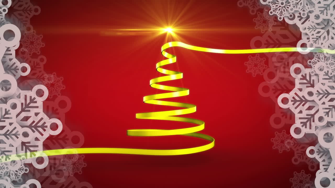 animación de punto de luz y ramas sobre la cinta formando un árbol de navidad contra un fondo rojo