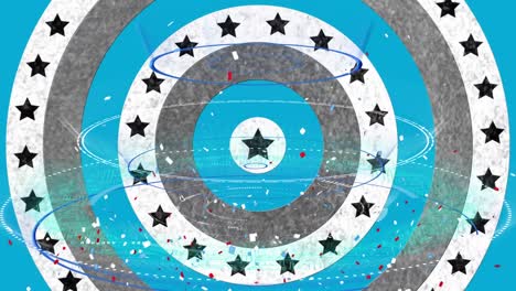 digital animation of round scanners over multiple stars on spinning circles on blue background