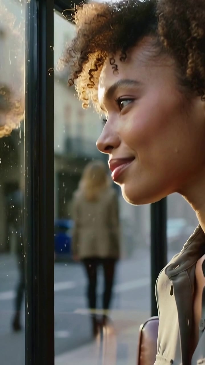 Vertical video: Holding phone woman with coat on bus looking up and watching street, copy space