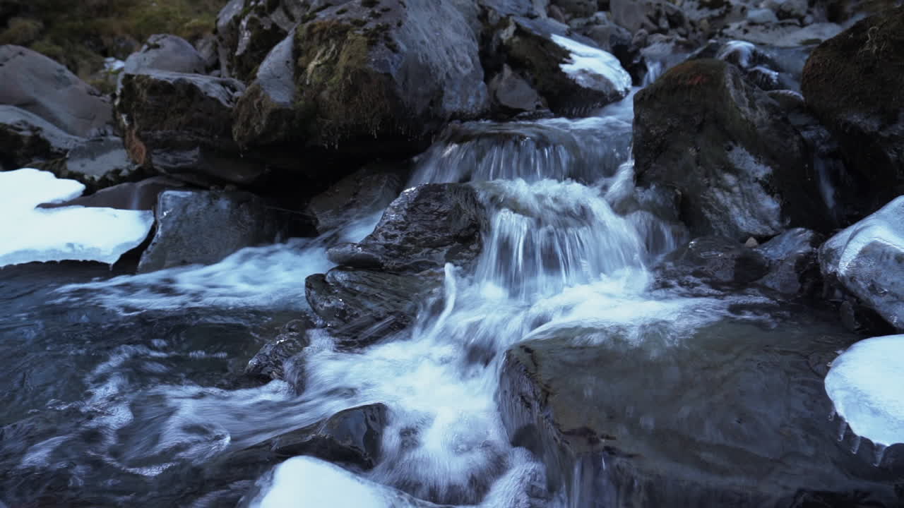 Acqua che scorre tra rocce con ghiaccio in inverno - Cascata di Grundarfoss che si getta in un fiume in Islanda.
