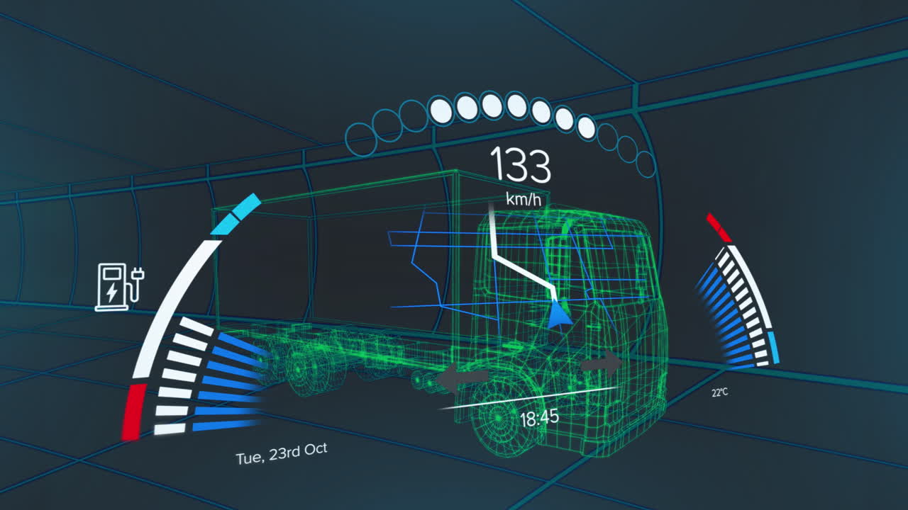 디지털 트럭 위의 자동차 패널의 애니메이션