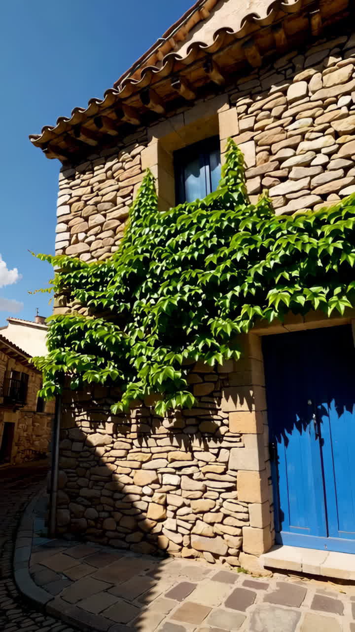 Affascinante edificio in pietra con edera verde e porta blu