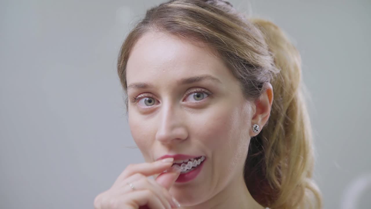 Caucasian female woman holding orthodontic aligner