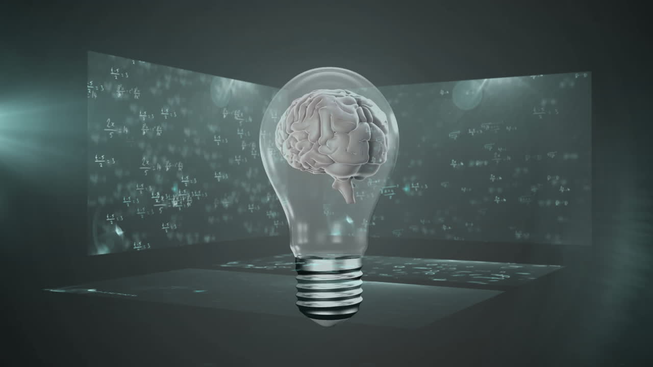 Animation of human brain in light bulb over mathematical equation against abstract background