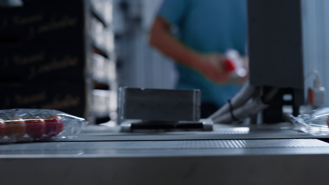 transportador que transporta paquetes de tomates en una fábrica tecnológica de horticultura