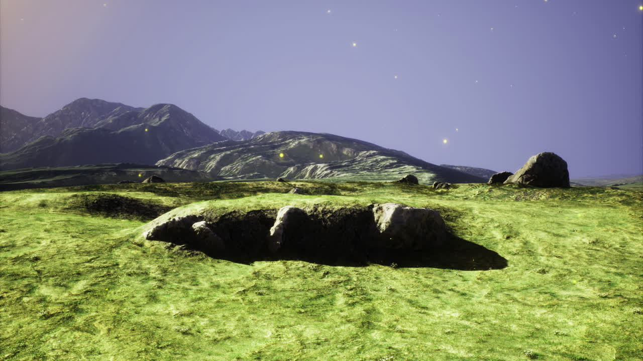 Scenic landscape featuring mountains and rocky formations at twilight
