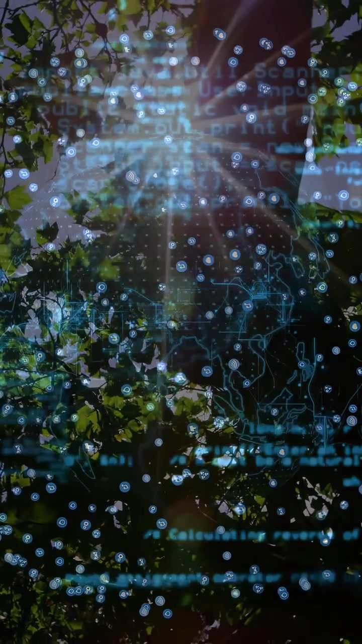 Vertical video: Sun flare moving triggers data overlay shifting, blue dots drifting to map canopy