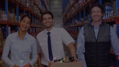 animation of financial data processing over people working in warehouse