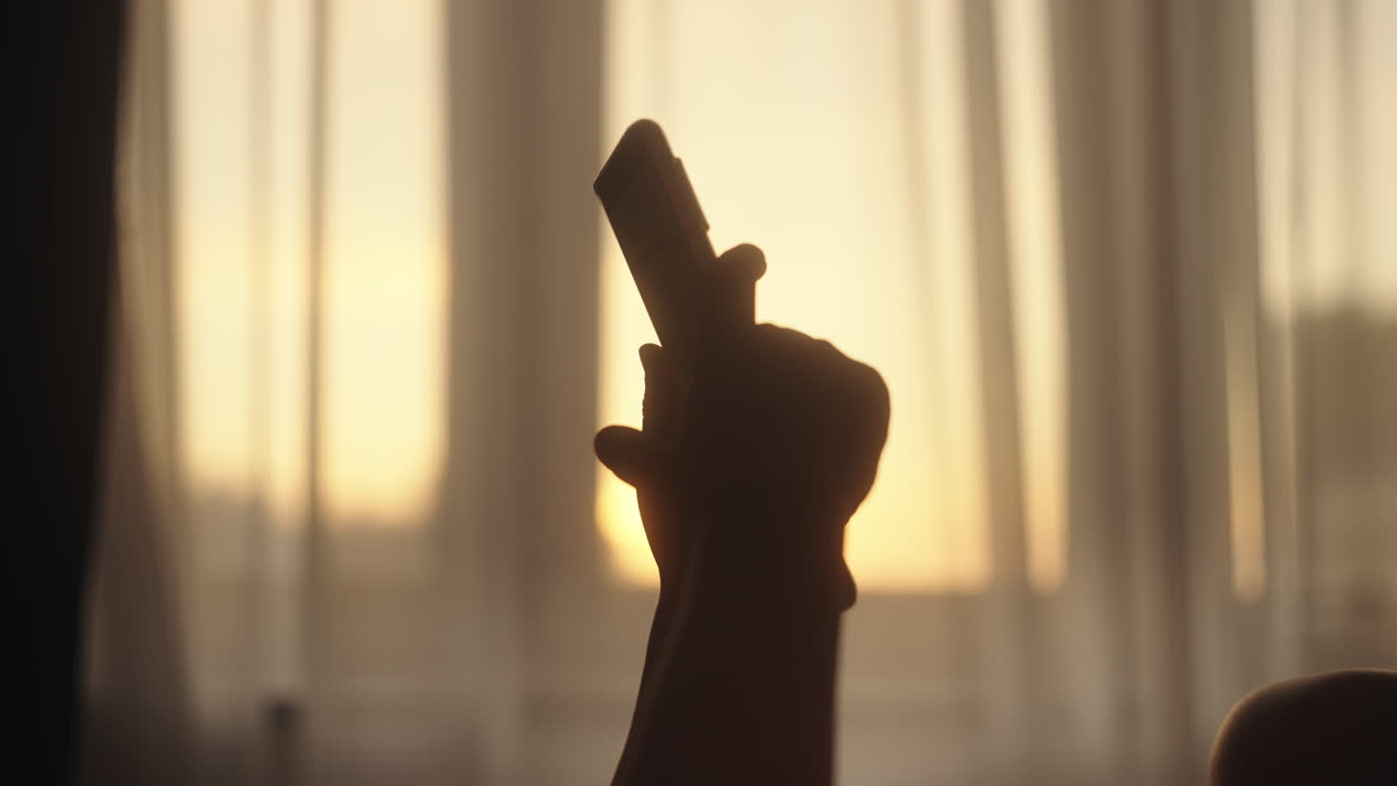 Hand holding remote control at sunset