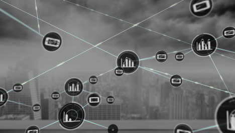 animation of graph and phone icons connected with lines over clouds over skyscrapers