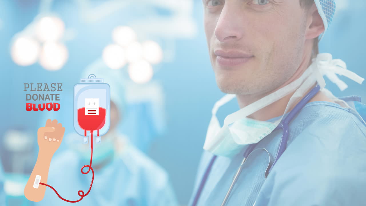 웃는 남성 의사 위에 혈액 기증 문자의 애니메이션