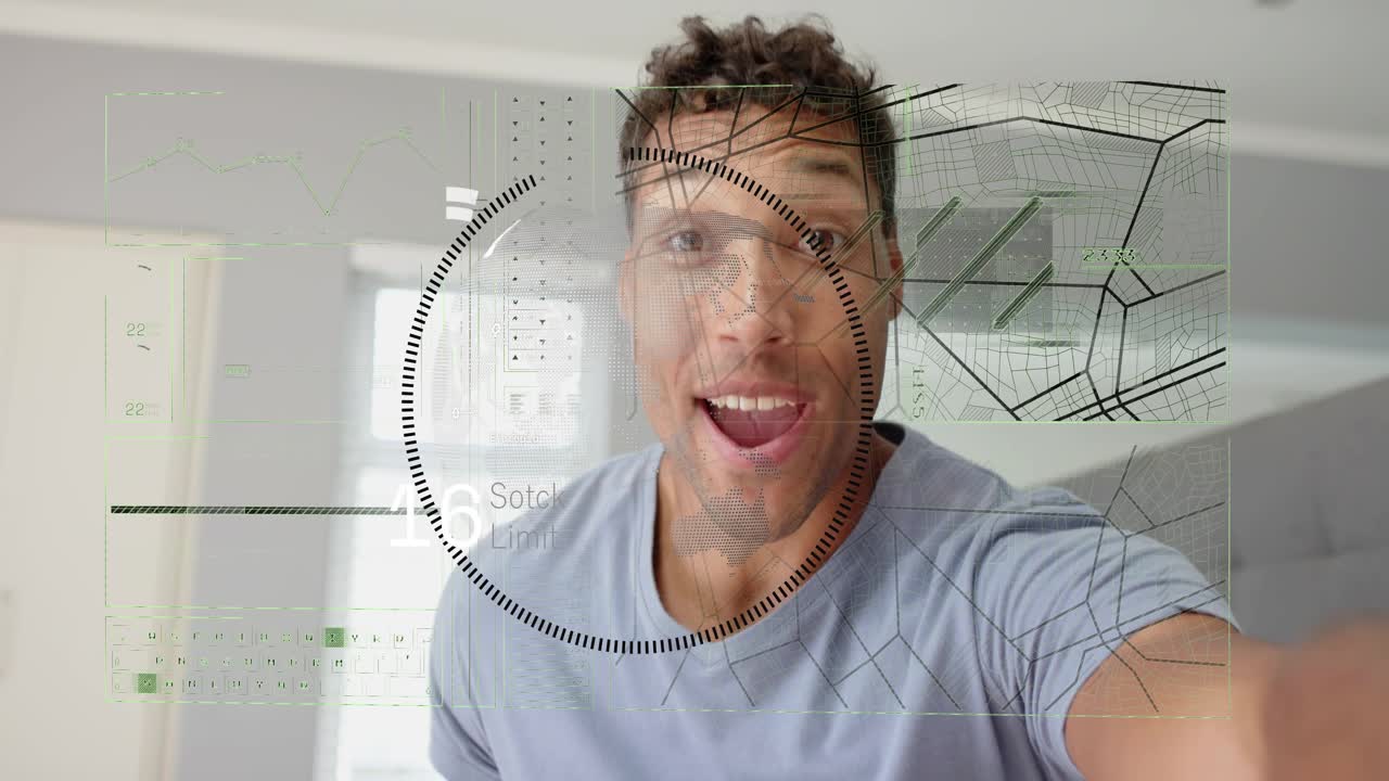Homem tirando as mãos da lente no quarto, mostrando um HUD de RA com um medidor circular exibindo leituras variáveis