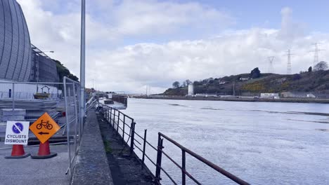 Urban-renewal-at-Waterford-City,-new-walkway-over-the-River-Suir-on-the-Waterford-Greenway-To-Dungarvan