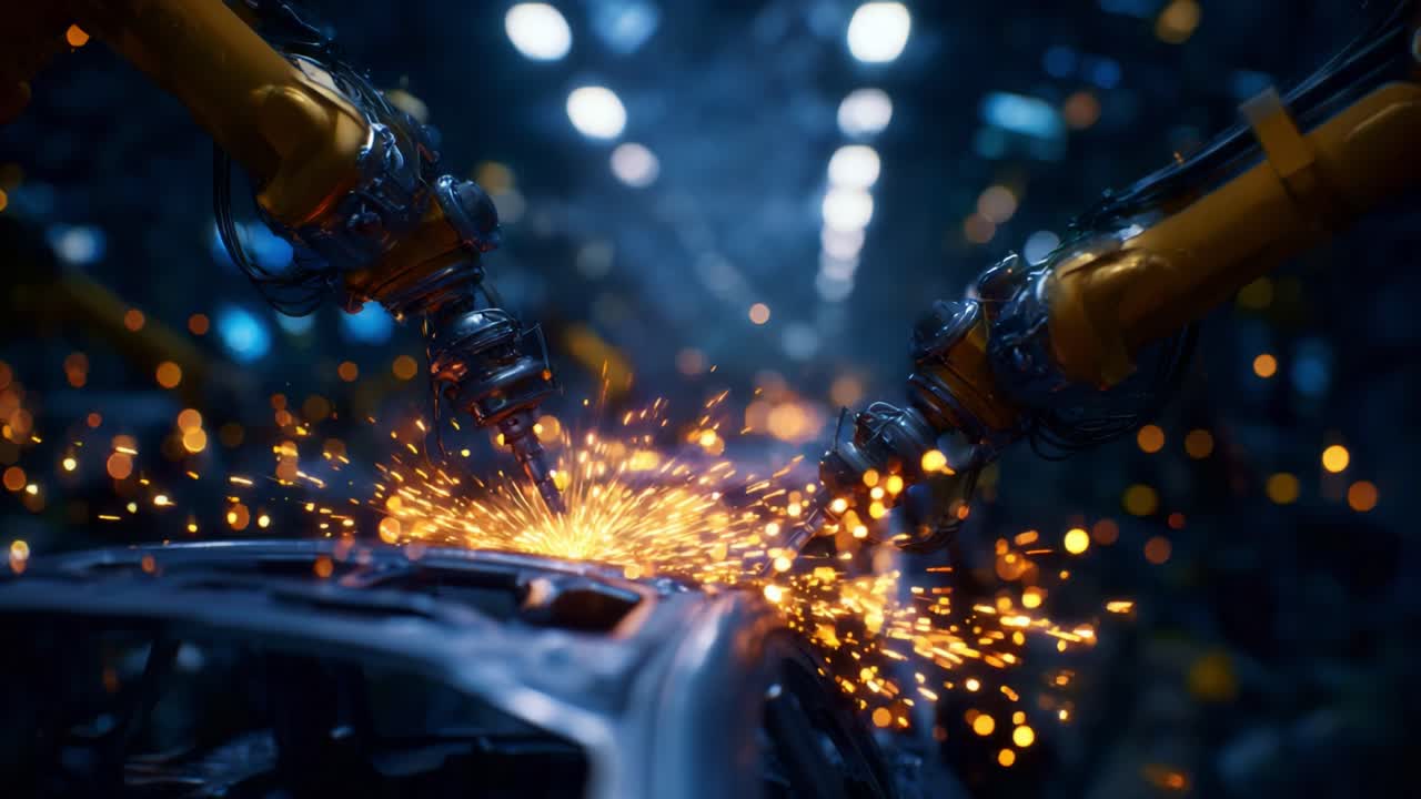 Dynamic Close-Up of Advanced Robotic Arms Performing Precision Welding on a Vehicle Chassis, Creating Sparks in a High-Tech Manufacturing Environment