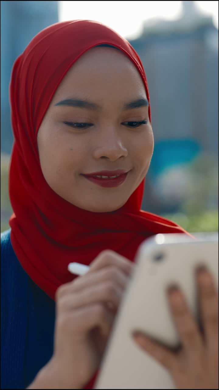 Young Muslim Woman in Hijab Using a Digital Device Outdoors