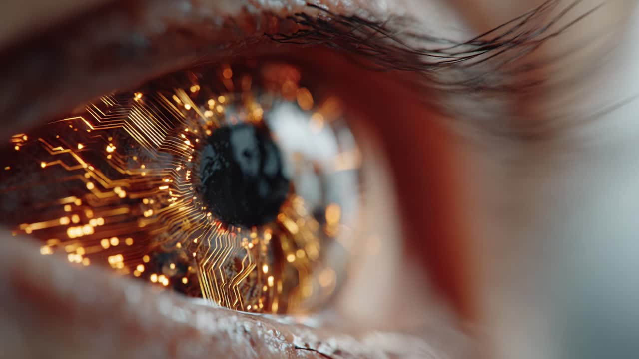 A close-up view of a futuristic eye showcasing intricate circuits and glowing patterns, blending human features with advanced technology in a mesmerizing visual experience