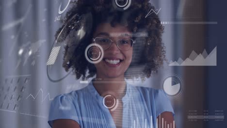 Animation-of-data-processing-over-african-american-woman-smiling